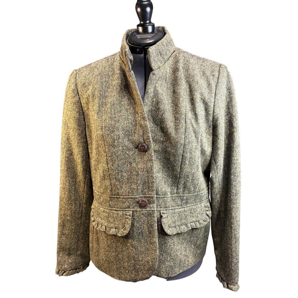 VTG  Harve Bernard Sz 10 Olive Brown Tweed Wool blend blazer with Ruffle details
